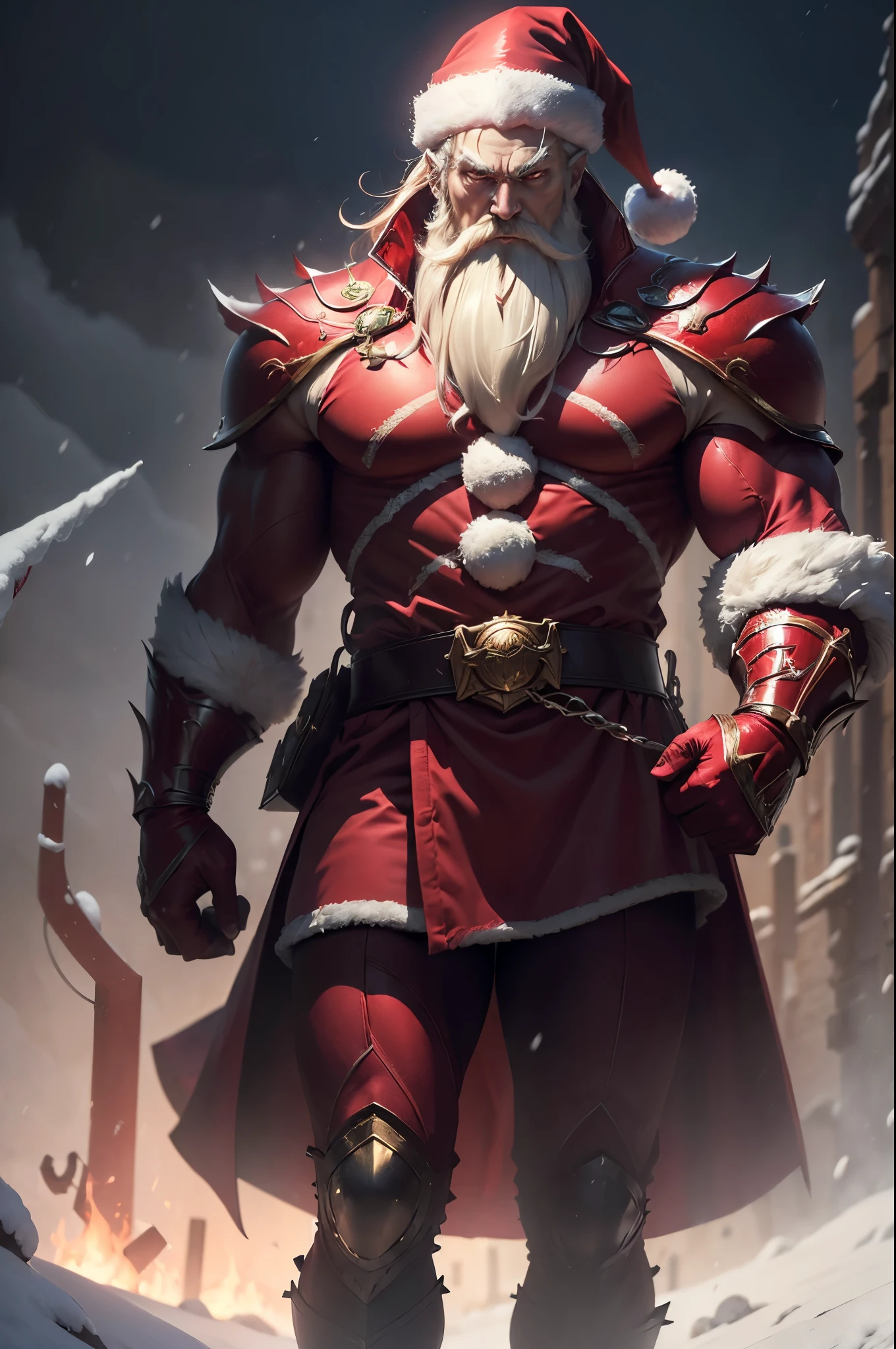 (( Top Quality, masterpiece:1.3)), ( sharp focus :1.2), full body, (60세 male), (Santa Claus, 198cm), (His eyes flash with a crimson glow.), (He walks calmly through the snowstorm on a dark night, across a snow-covered field.), (snowstorm), (He is wearing crimson metal knuckle dusters on both hands.), (A terrifying crimson light flashes in his eyes.), 사악한 미소. 산타 모자.