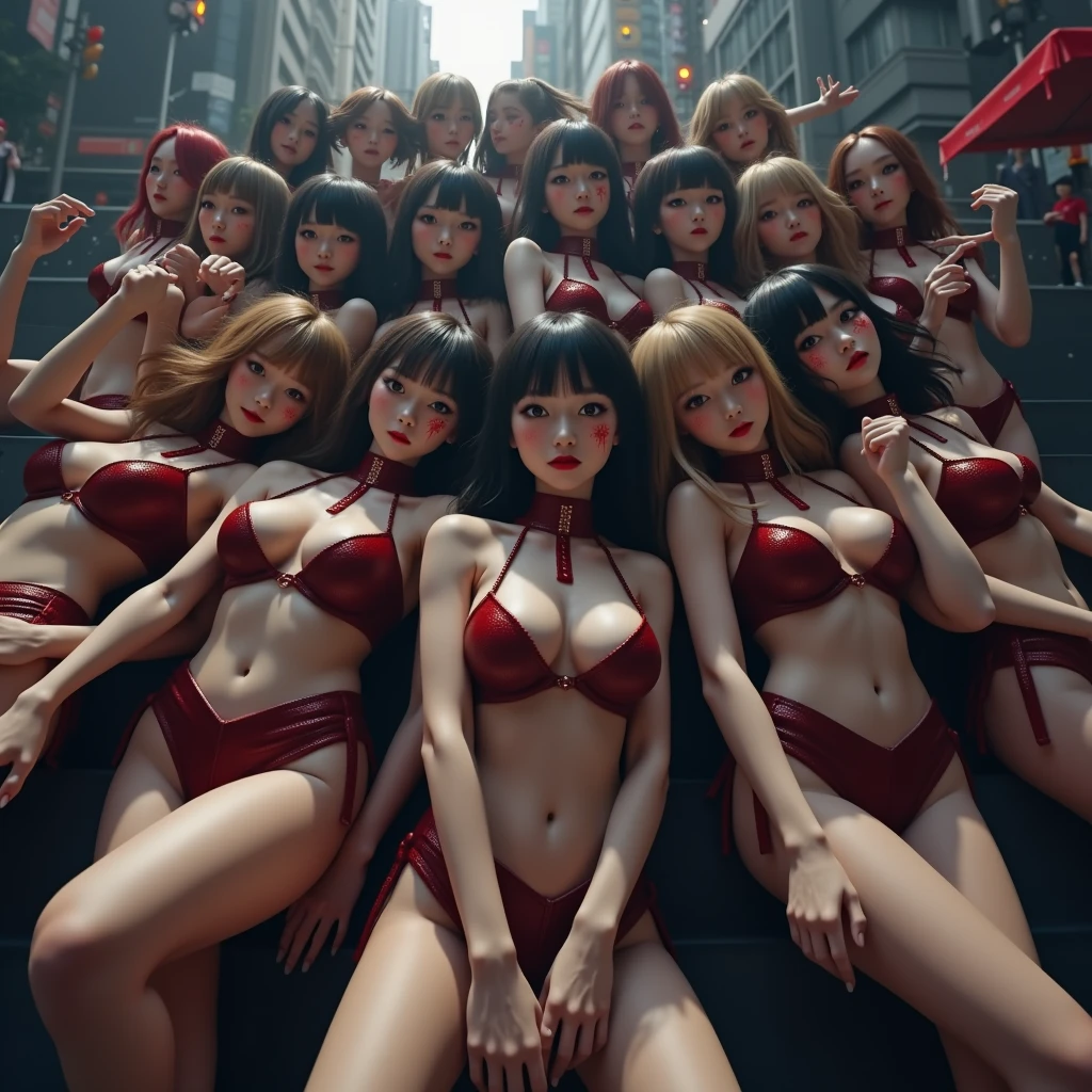 (Full Body of Extremely Detailed((Sexy Ladies Group in a row:1.37))), KAWAII perfect face, Reflective Eyes, Detailed(Delicate Clothing textures), Correct graceful legs, Dynamic Joyful Expressions LifeLike Rendering, Specular Reflection, TopQuality 8K Ultra-detailed masterpiece (ProfessionalPhoto:1.37), (Acutance:0.8), (Luminism:1.28), ((Shibuya Scramble Crossing)), (Colorful Light particles), ((Full body from side)) {MicroMini Skirt|Kissing Face to Face|Undressing|Thigh Gap|Cute Peach AssFocus|NakedApron with SideBoob}, Radiant Fine Skin with Transparency, {Pink Hair|LightBlue Hair|Pure White Hair|Blonde|Liquid Hair|Red HighHeels}, Perfect Lighting