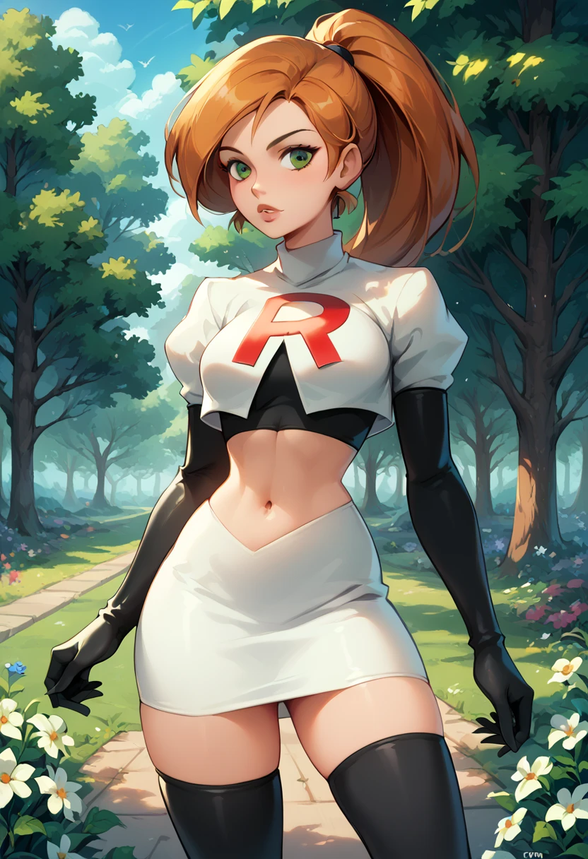 1girl, solo, Kim Possible, ponytail, Cosplay_TeamRocket, team rocket uniform, white jacket, cropped jacket, white skirt, elbow gloves, black thigh highs,, cowboy shot, in beautiful green park, trees, flowers.