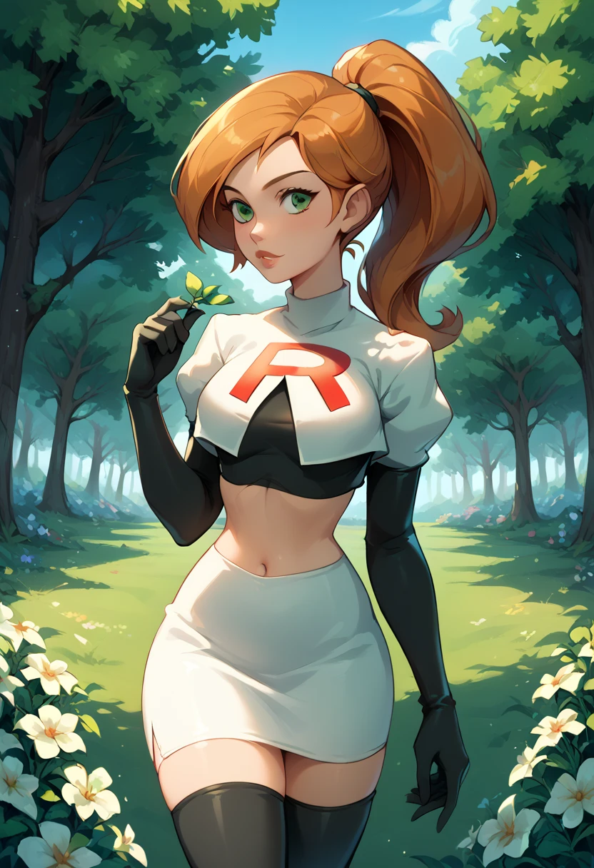 1girl, solo, Kim Possible, ponytail, Cosplay_TeamRocket, team rocket uniform, white jacket, cropped jacket, white skirt, elbow gloves, black thigh highs,, cowboy shot, in beautiful green park, trees, flowers.