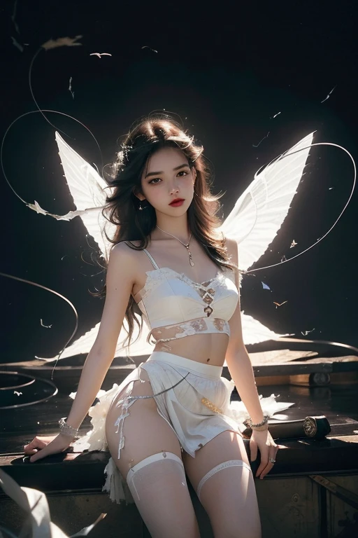 masterpiece,best quality,very aesthetic,absurdres,1boy,venti_/(archon/)_/(genshin_impact/),male_focus,detailed_eyes,(gnns:0.25),white feathered_wings,white halter_top,white shorts,hair_flower,midriff,black blue hair gradient,dsmile,((flat chest)),starry_sky,moon,starry_sky_print,((green eyes)),slender,feathers,divine,detailed_eyes,long_eyelashes,pink_lips,glossy lips,narrow_waist,wide_hips,seductive,flirtatious,iridescent volumetric light, god rays, heavenly,cosmic,celestial,
