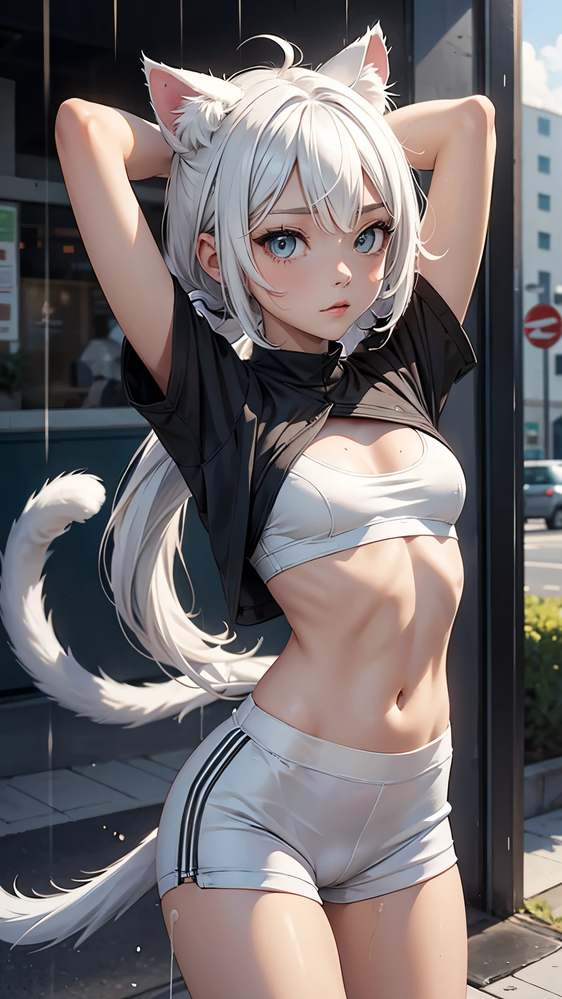 1girl, ebenya, looking at viewer, (very small breast) white hair, neko, cat ears, (slime rain),cat tail,tight wett white yoga bra, wett yoga shorts, open clothes, city, ba-shiroko, arms behind head