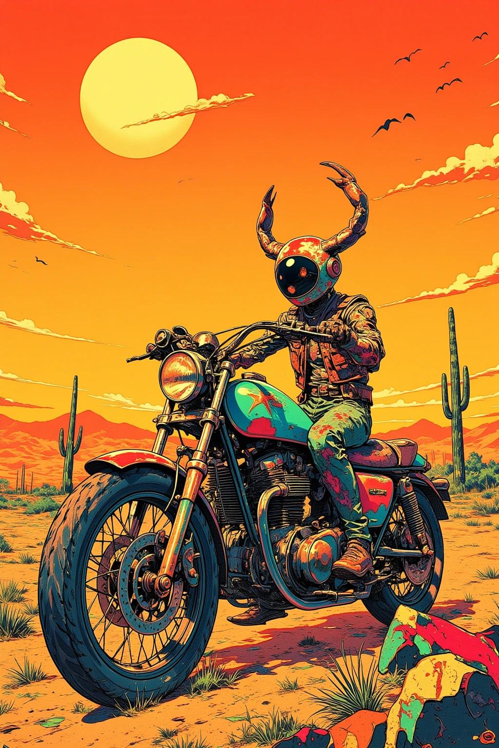  Desert Motorcycle Drawing、Hallucinatory Art  、  dmt Death of Ego  、  Psychedelic Horror  、Orange Sky、scorpion、Cactus、 Highly Detailed Fantastic Art  、  DMT Egodes  、 Shamanic Fear  、LSD art、clock、Collage Art