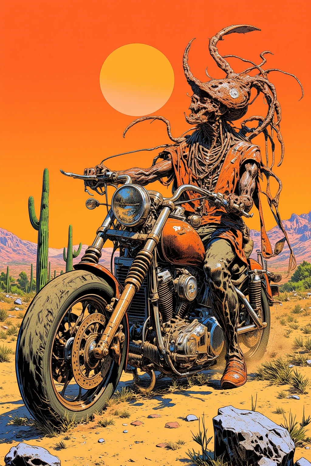  Desert Motorcycle Drawing、Hallucinatory Art  、  dmt Death of Ego  、  Psychedelic Horror  、Orange Sky、scorpion、Cactus、 Highly Detailed Fantastic Art  、  DMT Egodes  、 Shamanic Fear  、LSD art、clock、Collage Art