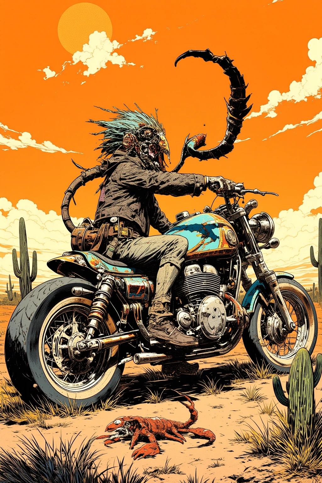  Desert Motorcycle Drawing、Hallucinatory Art  、  dmt Death of Ego  、  Psychedelic Horror  、Orange Sky、scorpion、Cactus、 Highly Detailed Fantastic Art  、  DMT Egodes  、 Shamanic Fear  、LSD art、clock、Collage Art