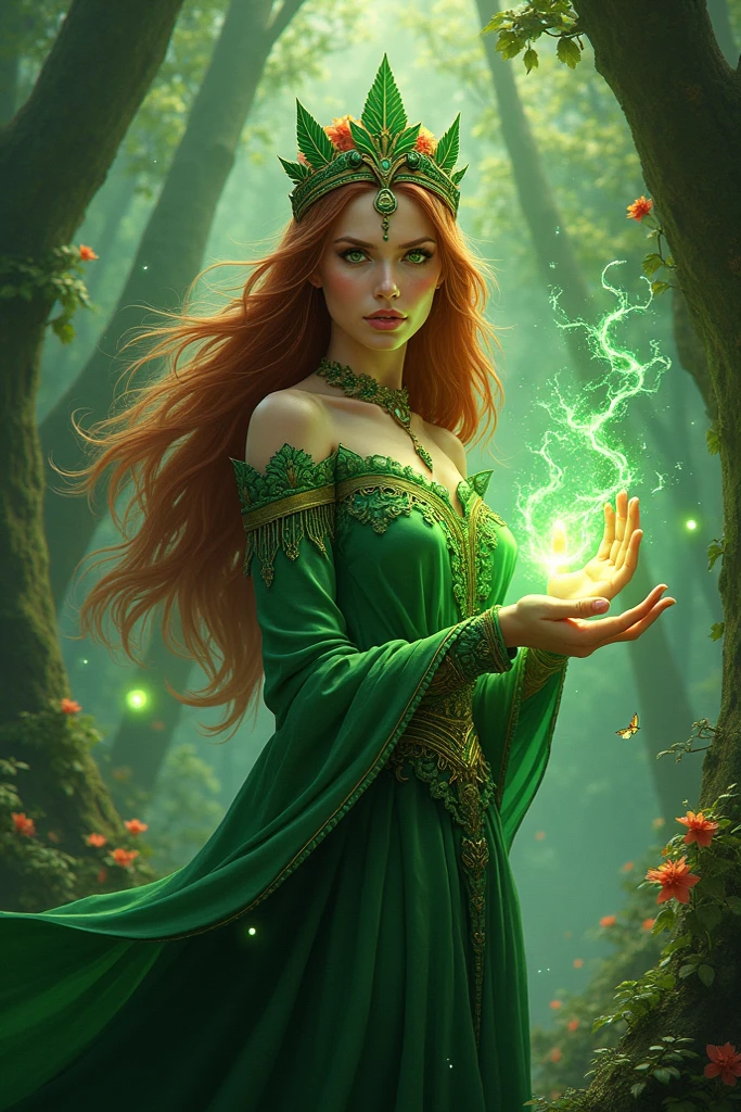 A red-haired mage with a grimoire and a staff, green eyes and no ears.