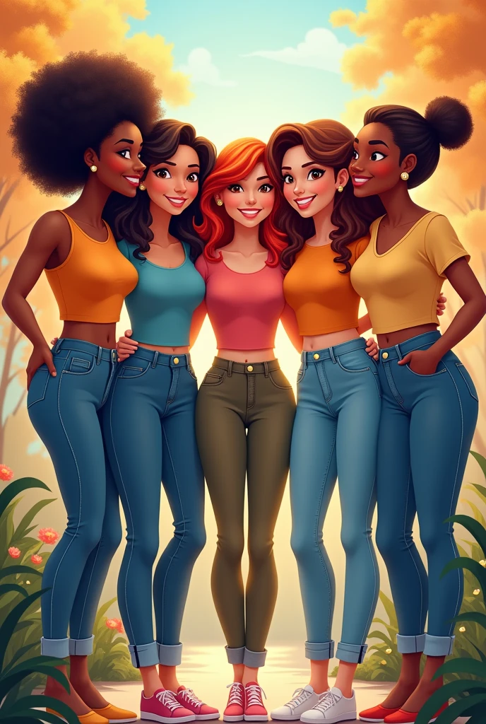 Disney style image . A 30-year-old lady with medium-length straight black hair, a short, round face and not-so-yellow skin, and a skinny girl with short, short red hair and tattoos and white skin.  ,and a chubby girl with long black hair and dark skin , and a short 60-year-old lady with gray wavy hair and lots of hair on her arms, and a short girl with straight hair and a yellow and black bob with small eyes the girls are all adults