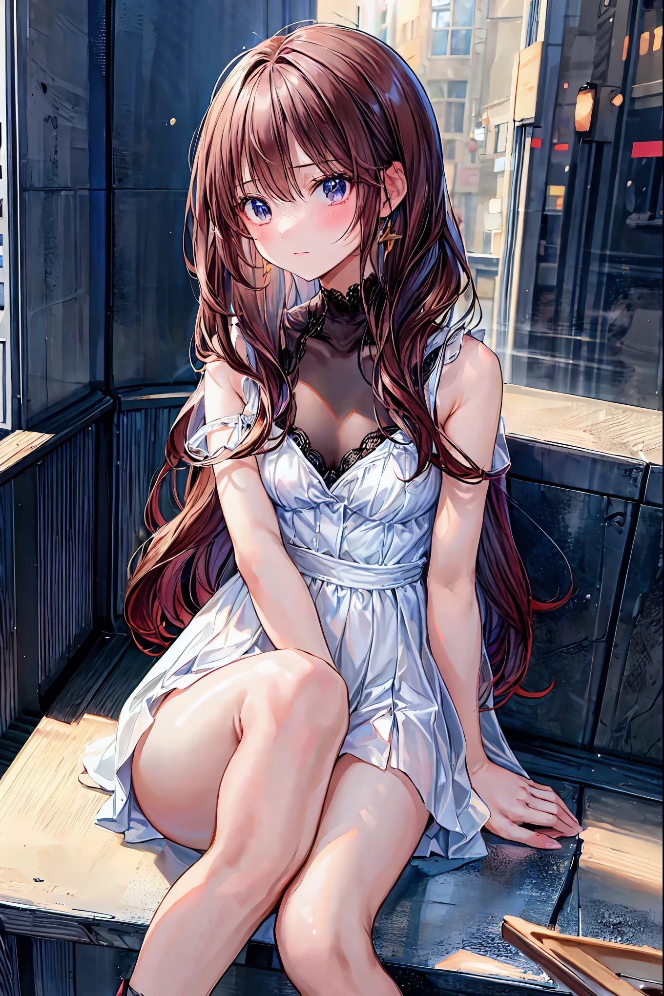 (Raw photography、top-quality)、(realisitic、Photorealsitic:1.3)、masterpiece、extremely delicate and beautiful、A highly detailed、nffsw、Unity、2k wallpaper、astonishing、finely detail、Highly detailed ticker Unity 8k wallpaper、ultra-detailliert、hight resolution、absurderes、1girl in、Soft light、((Brown hair long hair))、a beautiful detailed girl、Detailed finger、Beautiful profile、beautiful detailed nose、beatiful detailed eyes、long eyeslashes、cute little、25-years old、(full body Esbian:1.3)、Lifelike face、(Troubled expression)、Beautiful detailed thighs、(White knitted dress:1.)、(Look out the window)