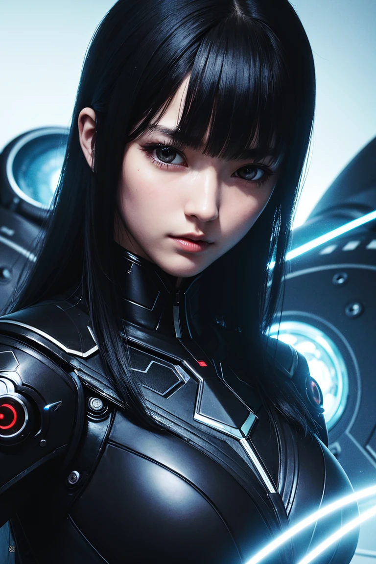 ((highest quality)), ((masterpiece)), (cinematic aesthetic:1.4) big breasts熟女ロボット、The robot woman is a Japanese woman in her 40s.、silver metallic robot body、glamorous robot body、metal big chest、big breasts、Metal nipples、metal areola、black hair、antenna shaped ears、green eyes、The face has dividing lines engraved on it, making it look like a robot.、robot-like pose、robot-like behavior、Expressive mature robot、The inside of the electronic brain is exposed、Internal parts are exposed、Composition that shows the whole body