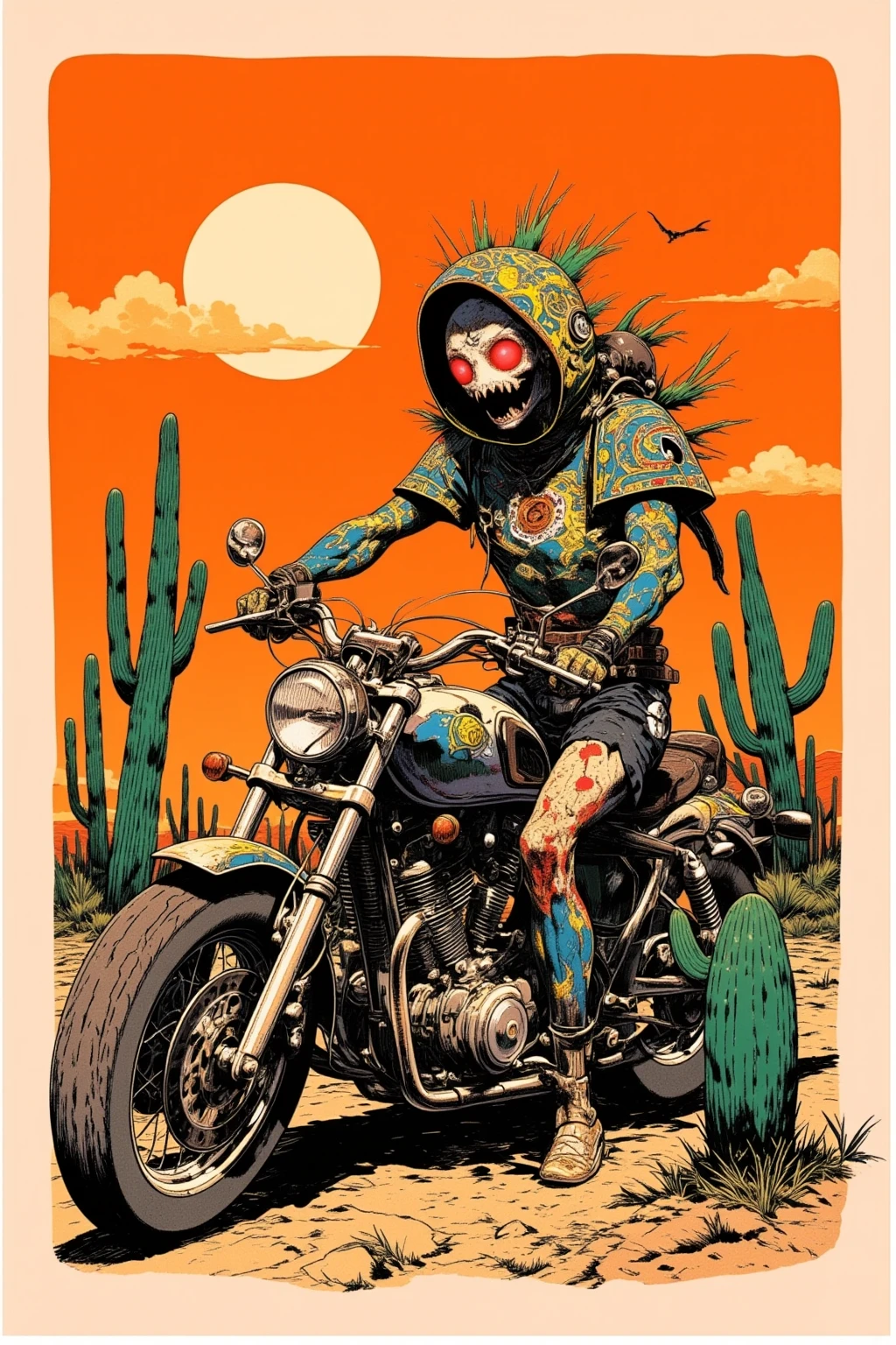  Desert Motorcycle Drawing、Hallucinatory Art  、  dmt Death of Ego  、  Psychedelic Horror  、Orange Sky、scorpion、Cactus、 Highly Detailed Fantastic Art  、  DMT Egodes  、 Shamanic Fear  、LSD art、clock、Collage Art