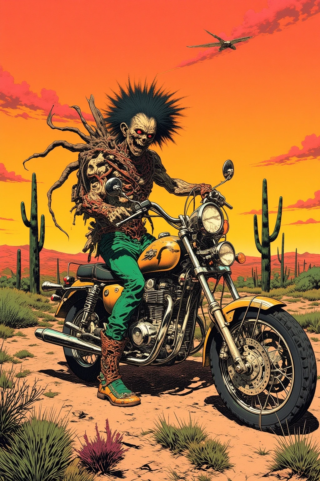  Desert Motorcycle Drawing、Hallucinatory Art  、  dmt Death of Ego  、  Psychedelic Horror  、Orange Sky、scorpion、Cactus、 Highly Detailed Fantastic Art  、  DMT Egodes  、 Shamanic Fear  、LSD art、clock、Collage Art