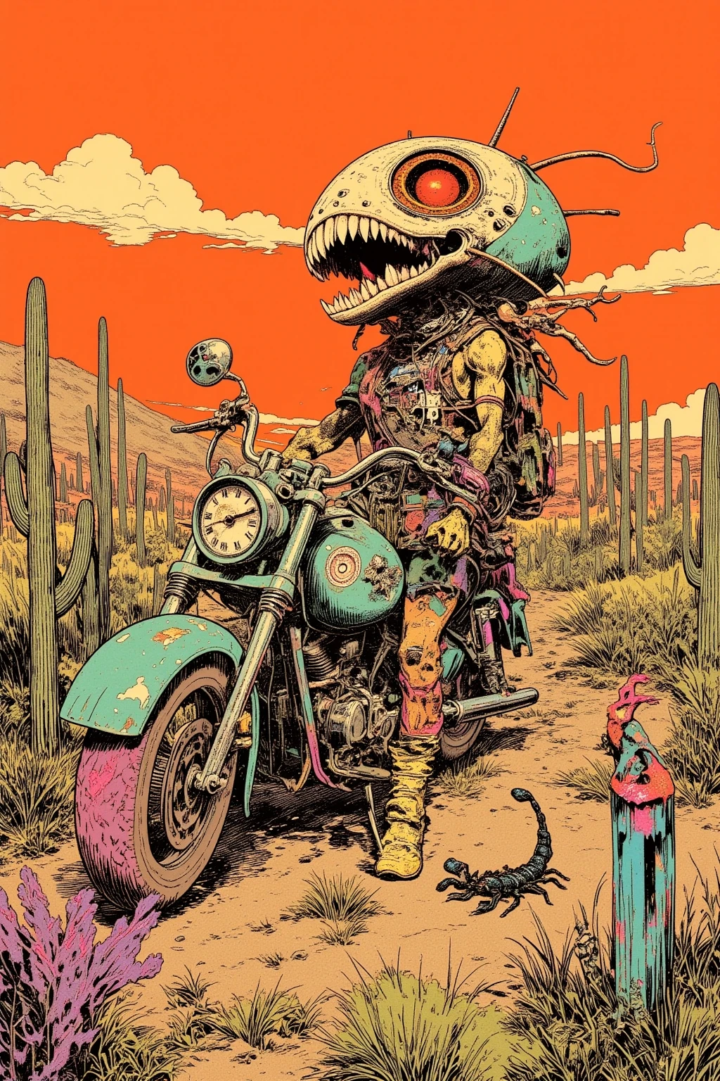  Desert Motorcycle Drawing、Hallucinatory Art  、  dmt Death of Ego  、  Psychedelic Horror  、Orange Sky、scorpion、Cactus、 Highly Detailed Fantastic Art  、  DMT Egodes  、 Shamanic Fear  、LSD art、clock、Collage Art