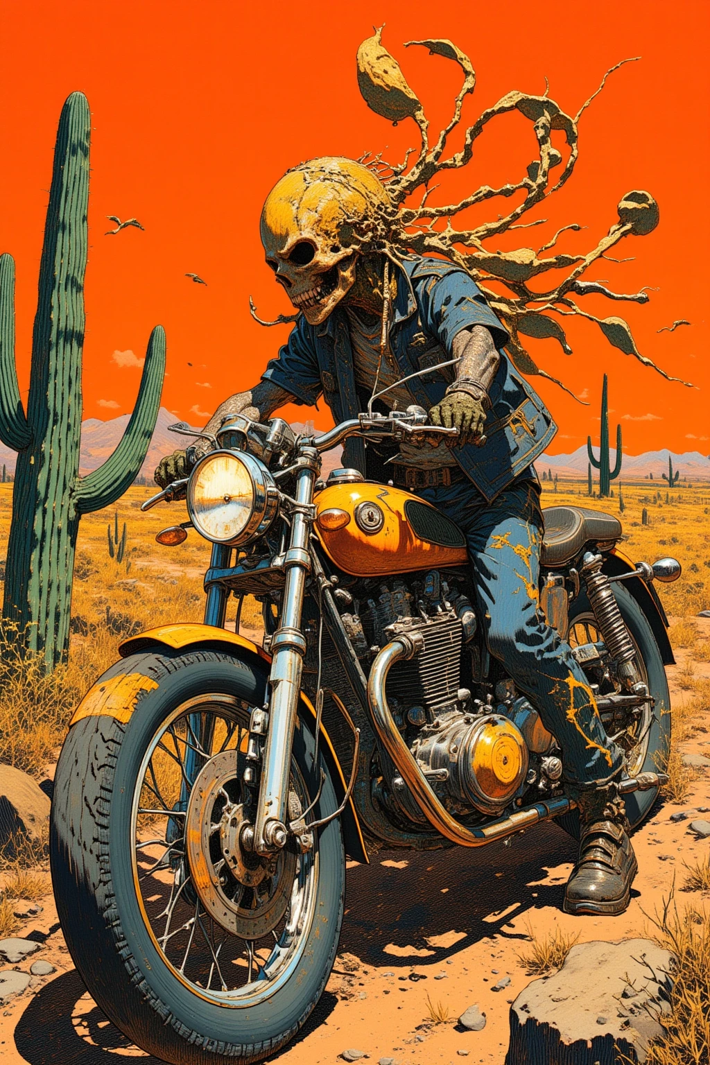  Desert Motorcycle Drawing、Hallucinatory Art  、  dmt Death of Ego  、  Psychedelic Horror  、Orange Sky、scorpion、Cactus、 Highly Detailed Fantastic Art  、  DMT Egodes  、 Shamanic Fear  、LSD art、clock、Collage Art