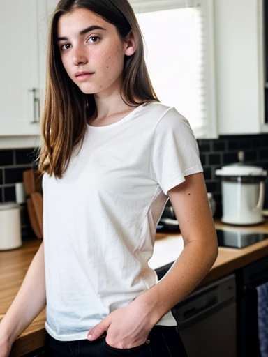 meghan trainor, white flair pants, standing in kitchen, 18 years old, wavy hair, sensual, shy, hair covering eyes, film grain, raw photo, masterpiece, photorealistic, high definition, dwarf, short height, petit, small, 