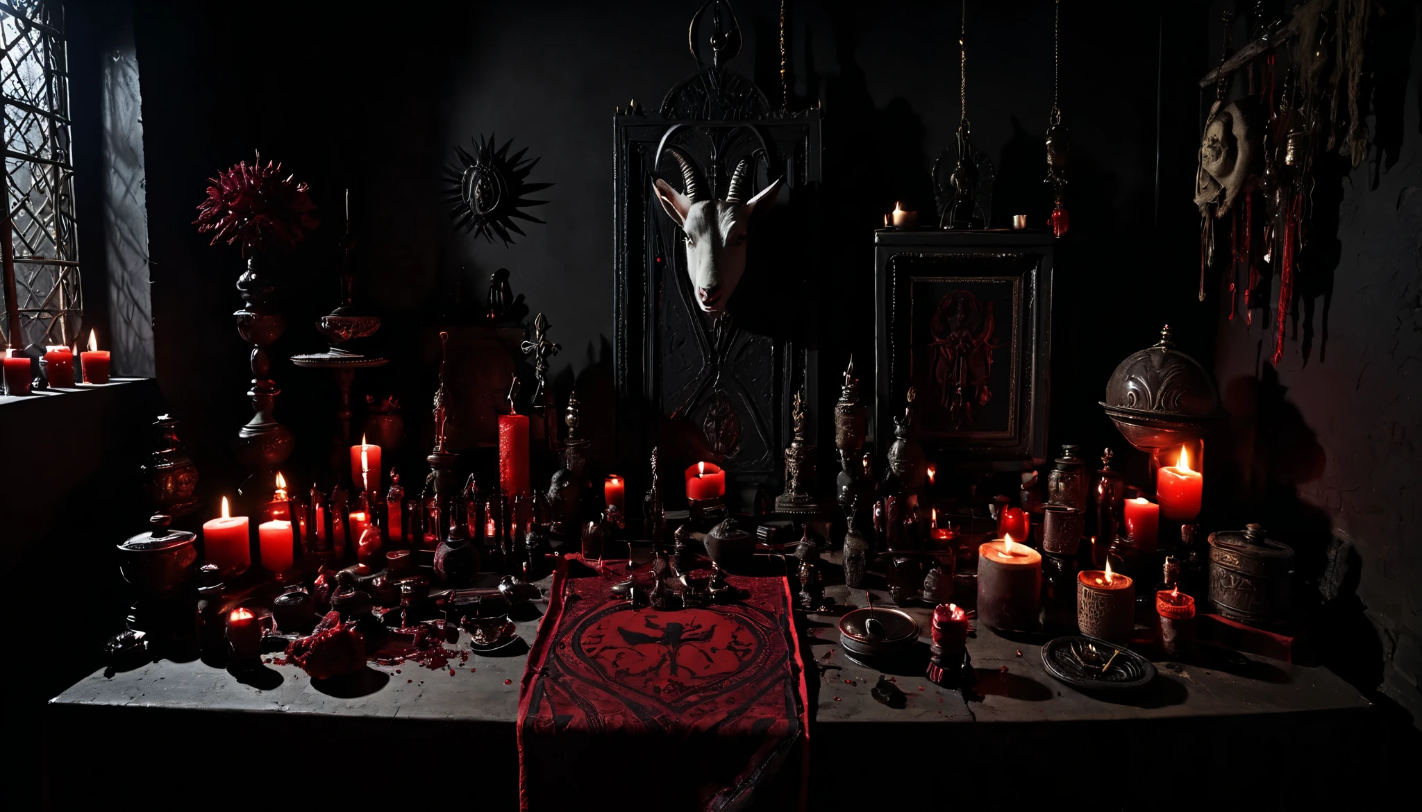 Dark room of rituals, Sacrifices, Blood, saints, voodoo, goat's head.