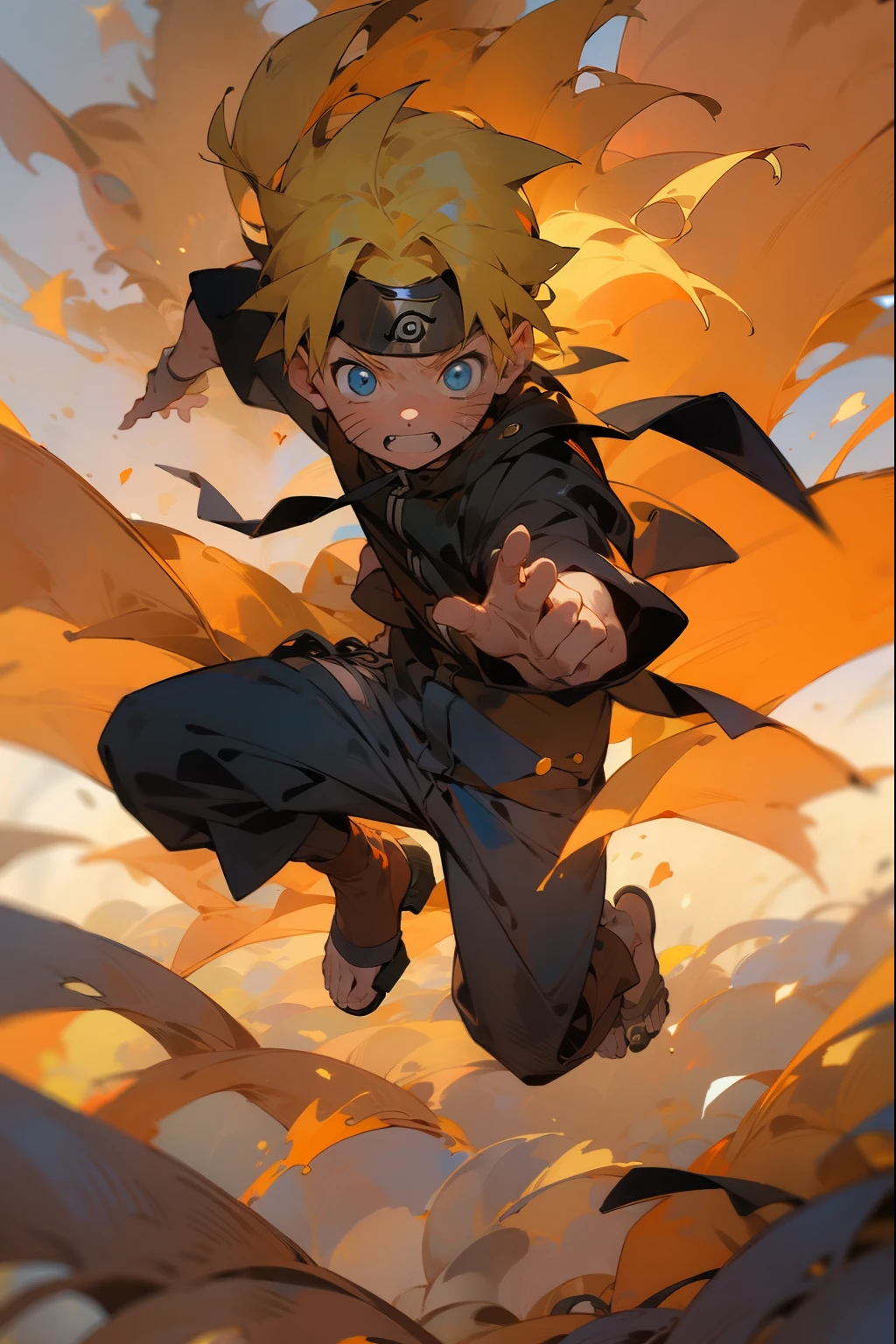  one boy、Jump and connect marks 、Ninja、 jutsu、Ninja、Scroll、 excitement 、 fill the screen、 orange jersey、Cross your fingers to activate the upper and lower orange clothes 、Sandals、portrait, neon, 1 boy, shonen style, spiky blonde hair, scratches on cheeks, black and red clothing, leather jacket, jeans, boots, bandana, cool, blue eyes, full body, color --name Naruto Uzumaki --desert background with pyramids and camels、 orange jersey、Cross your fingers to activate the upper and lower orange clothes 、Sandals、Ninja