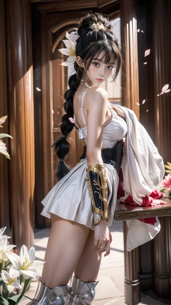 Sexy female character wearing white armor as a warrior from the Sengoku period 、((french braid hair))、((onyx black hair))、((toned body))、(glistening skin)、 toned body、((mega breasts 1.8))、 plump breasts 、 plump thighs 、 The white armor with a lily pattern engraved on it is a bikini type and is designed to emphasize chest exposure、(  wear a cloak with a lily flower pattern )、bustle skirt、 purple shin guard with lily flowers engraved on it 、White high-leg underwear 、White tights、 absolute domain、Trying to pull the sword out of the scabbard、Noble and elegant atmosphere、 The background is a battlefield with lilies in full bloom 、(( lots of lily petals scattered on the screen ))、 Super high resolution and realistic touch 、 shiny armor and fabric texture 、A dynamic pose is depicted in detail、