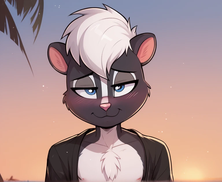 masterpiece, best quality, nervous expression, male, anthro, furry, black fur, fluffy fur, French skunk boy, furry, skunk ears, animal nose, cute eyes, blue eyes, skunk tail, white hair, long stable hair, (white hair), solo, (beach), sunset, detailed, buff muscular chest, French black bath robe with black tuxedo jeans, holding a rose, shy, head tilt, adult (19 years), flat chest, buff thighs, half-closed eyes, blush, looking at the viewer, standing, (kilinah), light particles, score_9, score_8_up, score_7_up, score_6_up, score_5_up, score_4_up