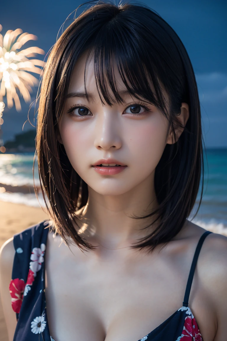 Japanese、Age 25、sister、Randomly generated people with diverse facial features and hairstyles、Perfect Anatomy,Ocean、Beach、firework、Night Sky、打ち上げfirework、目をOceanつぶる、Mature woman