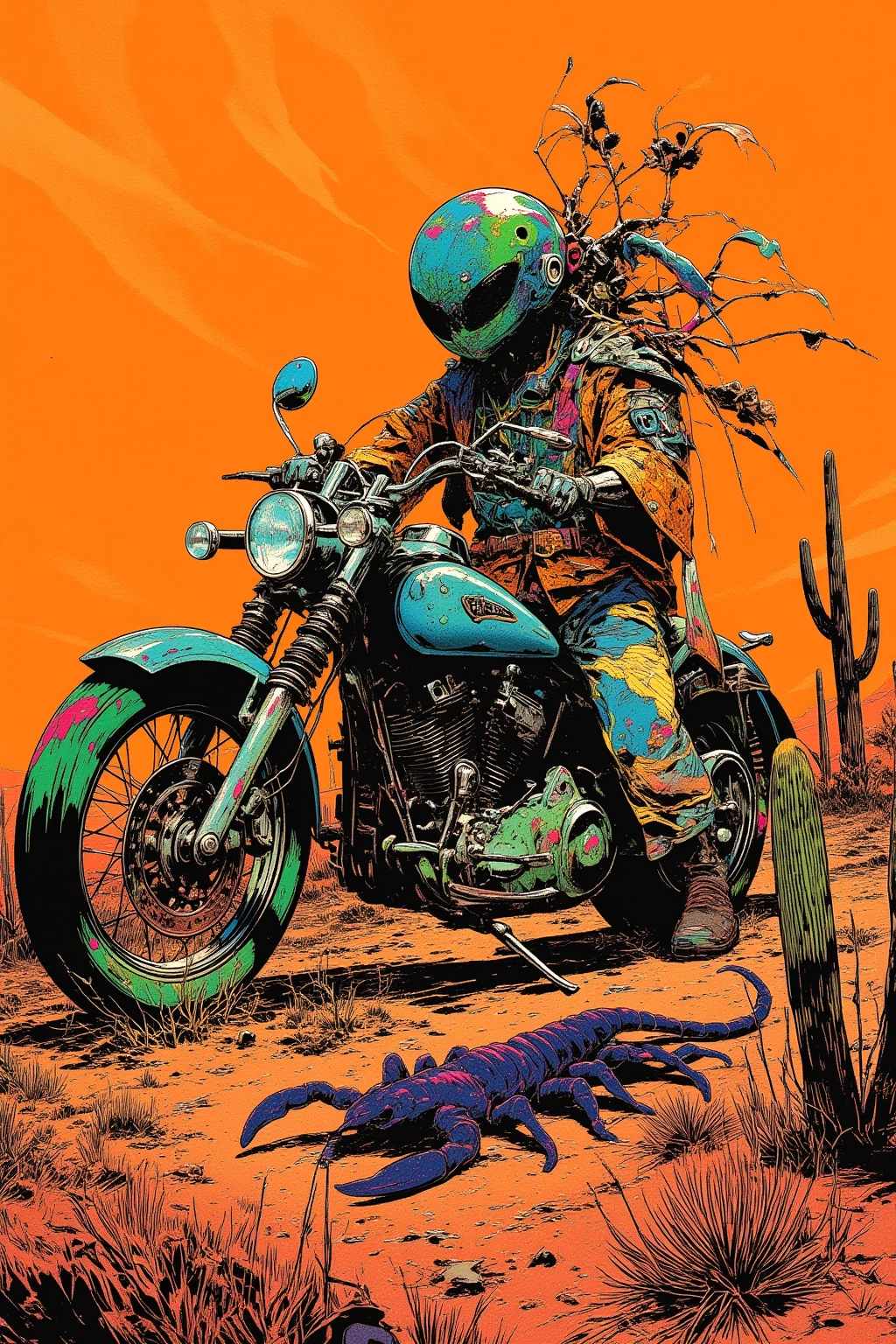  Desert Motorcycle Drawing、Hallucinatory Art  、  dmt Death of Ego  、  Psychedelic Horror  、Orange Sky、scorpion、Cactus、 Highly Detailed Fantastic Art  、  DMT Egodes  、 Shamanic Fear  、LSD art、clock、Collage Art