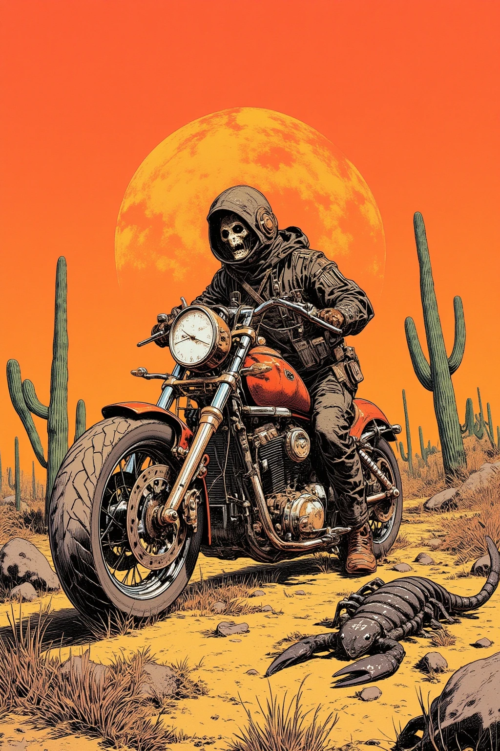  Desert Motorcycle Drawing、Hallucinatory Art  、  dmt Death of Ego  、  Psychedelic Horror  、Orange Sky、scorpion、Cactus、 Highly Detailed Fantastic Art  、  DMT Egodes  、 Shamanic Fear  、LSD art、clock、Collage Art