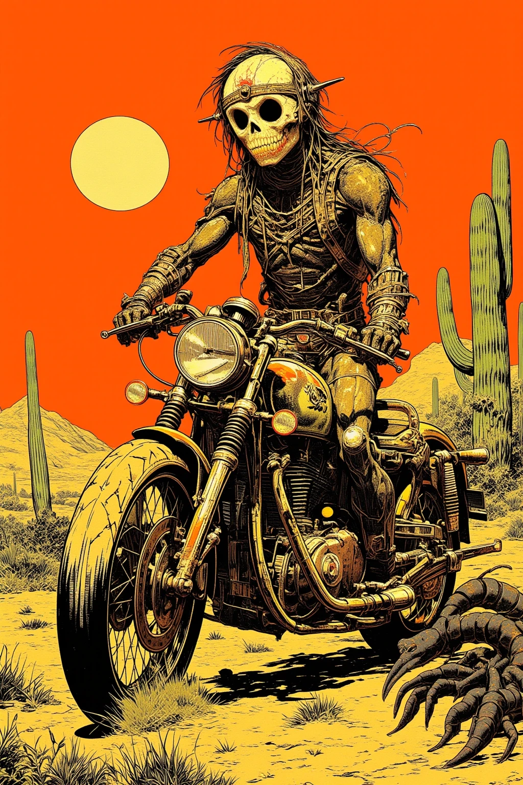  Desert Motorcycle Drawing、Hallucinatory Art  、  dmt Death of Ego  、  Psychedelic Horror  、Orange Sky、scorpion、Cactus、 Highly Detailed Fantastic Art  、  DMT Egodes  、 Shamanic Fear  、LSD art、clock、Collage Art