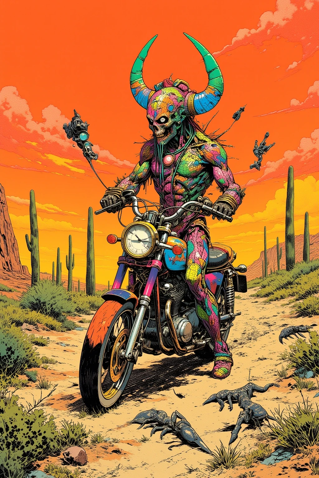  Desert Motorcycle Drawing、Hallucinatory Art  、  dmt Death of Ego  、  Psychedelic Horror  、Orange Sky、scorpion、Cactus、 Highly Detailed Fantastic Art  、  DMT Egodes  、 Shamanic Fear  、LSD art、clock、Collage Art