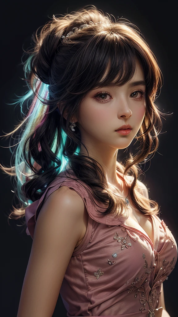 (  colorful large silhouette top,  everyday clothing and mode type  :1.0), 8k wallpaper, wonderful, (masterpiece), (  top quality), ( VERY DETAILED ), (illustration), (  very detailed and beautiful  ),dynamic angle,rainbow hair  , Detailed and cute face  ,  very detailed and beautiful  girl,