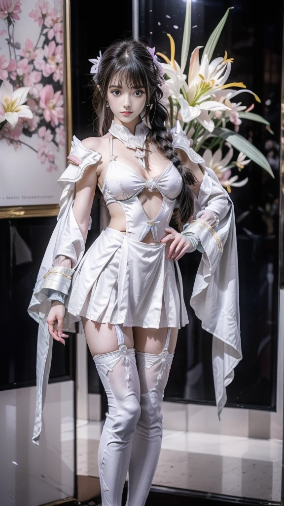 Sexy female character wearing white armor as a warrior from the Sengoku period 、((french braid hair))、((onyx black hair))、((toned body))、(glistening skin)、 toned body、((mega breasts 1.8))、 plump breasts 、 plump thighs 、 The white armor with a lily pattern engraved on it is a bikini type and is designed to emphasize chest exposure、(  wear a cloak with a lily flower pattern )、bustle skirt、 purple shin guard with lily flowers engraved on it 、White high-leg underwear 、White tights、 absolute domain、Trying to pull the sword out of the scabbard、Noble and elegant atmosphere、 The background is a battlefield with lilies in full bloom 、(( lots of lily petals scattered on the screen ))、 Super high resolution and realistic touch 、 shiny armor and fabric texture 、A dynamic pose is depicted in detail、