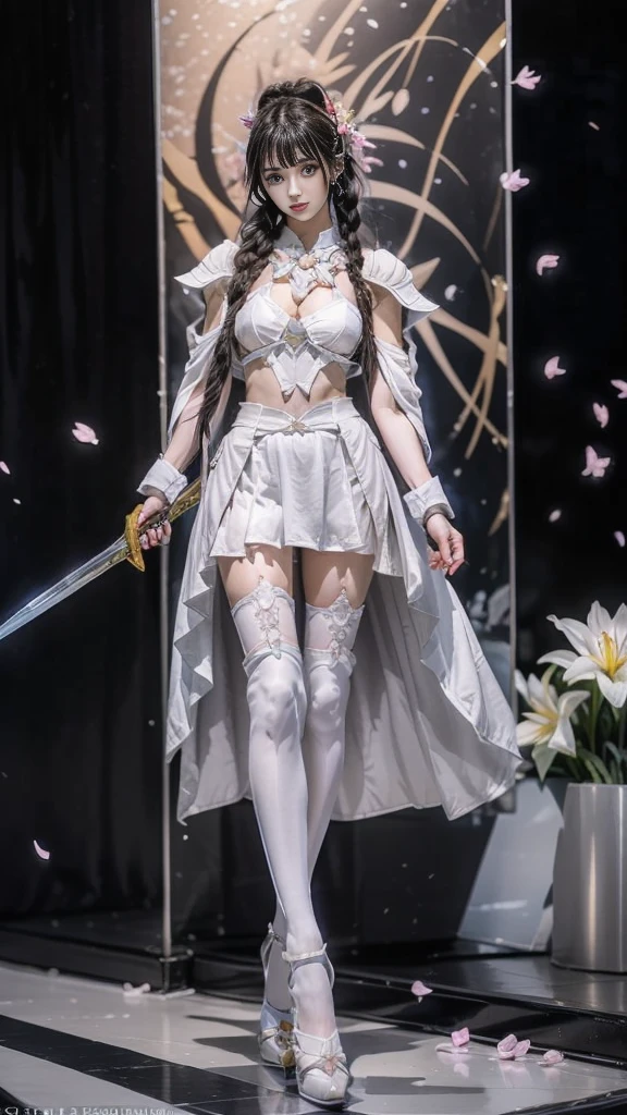 Sexy female character wearing white armor as a warrior from the Sengoku period 、((french braid hair))、((onyx black hair))、((toned body))、(glistening skin)、 toned body、((mega breasts 1.8))、 plump breasts 、 plump thighs 、 The white armor with a lily pattern engraved on it is a bikini type and is designed to emphasize chest exposure、(  wear a cloak with a lily flower pattern )、bustle skirt、 purple shin guard with lily flowers engraved on it 、White high-leg underwear 、White tights、 absolute domain、Trying to pull the sword out of the scabbard、Noble and elegant atmosphere、 The background is a battlefield with lilies in full bloom 、(( lots of lily petals scattered on the screen ))、 Super high resolution and realistic touch 、 shiny armor and fabric texture 、A dynamic pose is depicted in detail、