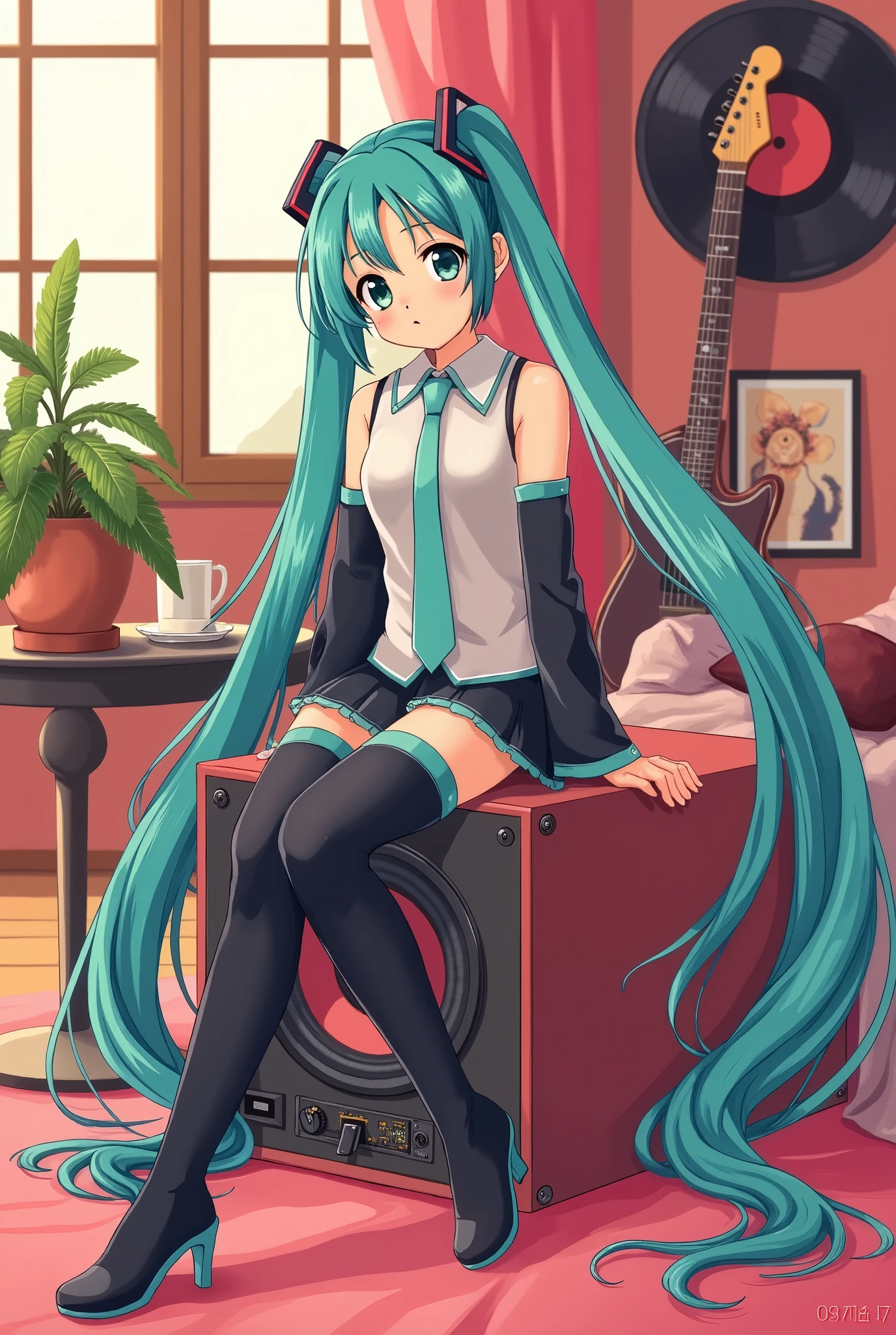 (masterpiece、 best quality、 best quality、 Official Art、 beautiful and beautiful :1.2)、( one girl:1.3) Hatsune Miku 、 twin tails, Beautiful breasts, high definition, Flat Color , best quality,  Masterpiece , field department ,Urushihara Satoshi, 1 girl ,whole body,1980s \( style \),80s Anime, ,((  Masterpiece )),((( best quality))),,  1 girl , Alone,,retro art style ,  Masterpiece , best quality , best quality,Super height , , ( sitting on a speaker {x}: 1.3) asian eyes,  beautiful eyes , Best Shadow ,, Flat Color ,  Lying on the Bed  ， with very big breasts ，whole bodyが映っています,Electric guitar, holding vinyl ,indoor plant,indoor,( Flat Color :1.4)