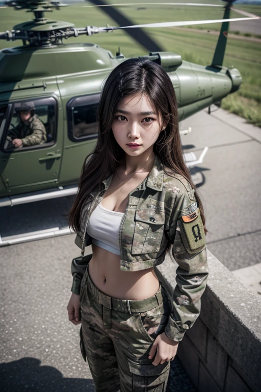 Highly detailed CG Unity 8k wallpaper, of the highest quality, super detailed, masutepiece, Realistic, photographrealistic, extremely detailed cute girl, 25 years old, Round eyes, viewer, blush, Parted lips, Upper body , (Armpit) , uninhabited island , (survival) , (Military uniform)