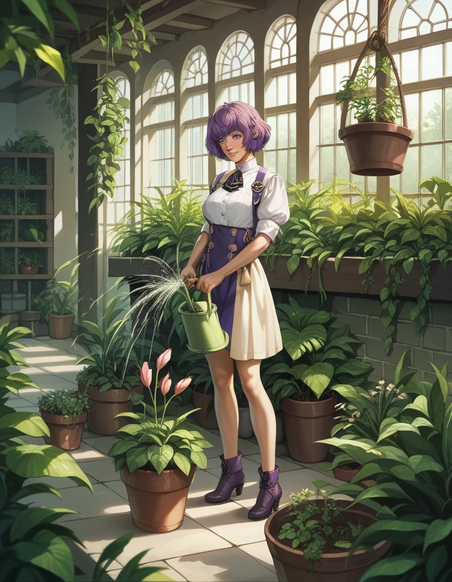 Illustration, realistic proportions, Bernadetta von Varley from Fire Emblem Three Houses, post timeskip design, standing in a greenhouse, watering plants