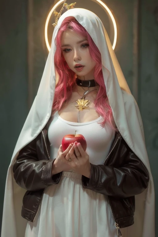 Virgin Mary, teenager, sensual, young,   semitransparent white blouse  ,  pink hair tennis costume , sweet face, halo ,  white miniskirt , Maria, Virgin Mary, coquette, white veil, praying, sacred heart,  leather jacket ,  Milf, a breast in sight, Apple in your hands smoking marijuana,  flirty look, dog collar 