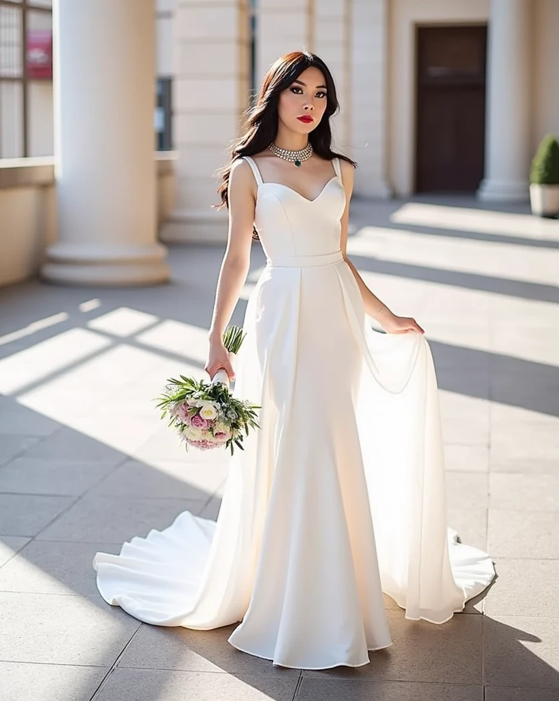 (((        Full body photograph         ,          soft lighting        ,                   sharp focus ,          detailed face of Jacqueline     ))),     of Jacqueline's extremely detailed face, cheerful and flirty face   , ((((   Beautiful woman in wedding dress    ))),   )), brown eyes,          seductive,            ((      smooth and shiny black hair         , make-up,          red lips)), (( Under the skirt)).
