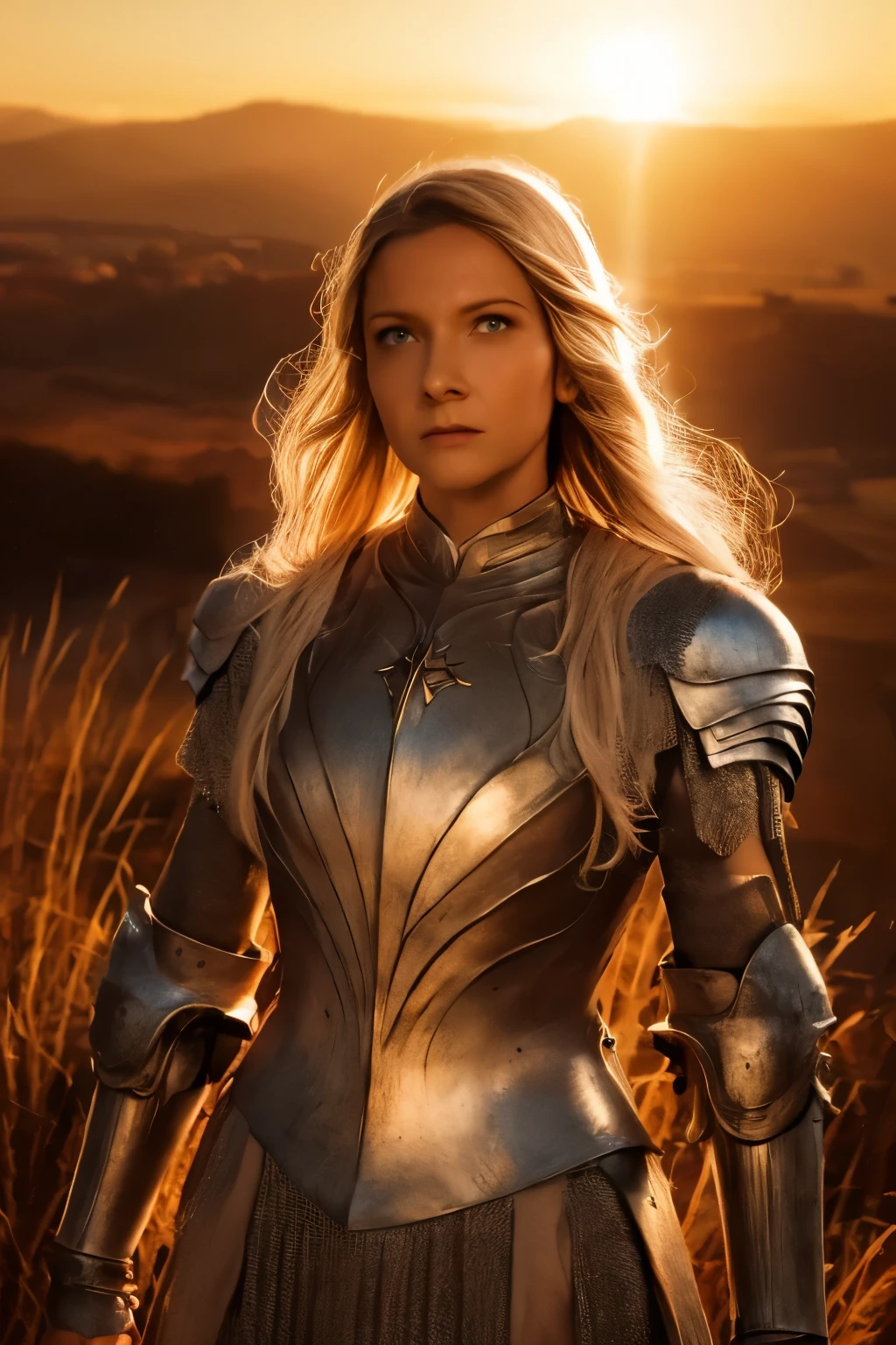 Galadriel, inspired by the series "The Rings of Power", (((L4L4 face))),  in a majestic pose at the center of the scene ,  wearing shimmering armor and elven details,  with its blond hair flowing under a golden light .  The background shows an epic landscape of golden Middle Earth ,  with distant mountains ,  dramatic sky and beams of heavenly light .  Determined expression and intense gaze ,  capturing your strength and wisdom .  Hyper-realistic details on the face and hands ,  metal texture of the highly detailed armor ,  skin illuminated with perfection ,  cinematic atmosphere , epic and glorious . natural light, 35mm photograph, film, professional, 4K, highly detailed, Golden hour lighting. Depth of field F2. Rule of Thirds Composition.
