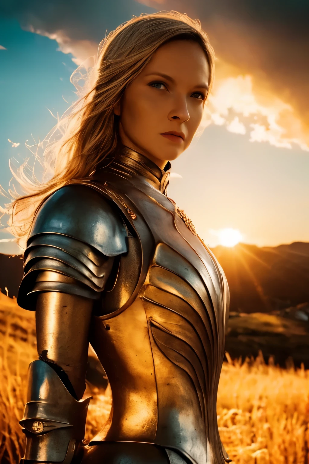 Galadriel, inspired by the series "The Rings of Power", (((L4L4 face))),  in a majestic pose at the center of the scene ,  wearing shimmering armor and elven details,  with its blond hair flowing under a golden light .  The background shows an epic landscape of golden Middle Earth ,  with distant mountains ,  dramatic sky and beams of heavenly light .  Determined expression and intense gaze ,  capturing your strength and wisdom .  Hyper-realistic details on the face and hands ,  metal texture of the highly detailed armor ,  skin illuminated with perfection ,  cinematic atmosphere , epic and glorious . natural light, 35mm photograph, film, professional, 4K, highly detailed, Golden hour lighting. Depth of field F2. Rule of Thirds Composition.
