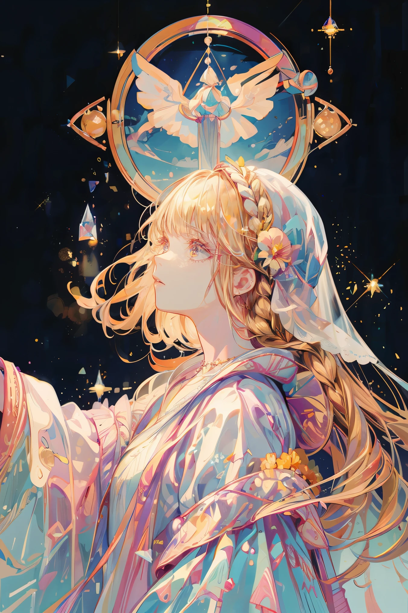 A frank person,  portrait, Round eyes, Veil,  Message sealed in wax , Aromatic Scent ,  anklet, Andromeda Galaxy, Gaels , Baumkuchen, On land,  Couperplan , Dorothy,  Wearing Robe ,  Brightly illuminated , viola, Clearly,  Great Outfit ,  crystals,  Long Blonde Hair , value,  Bread and Jam , Picture as beautiful as spring ,  Beautiful music like Lovell ,  beautiful face, Portrait of a beautiful woman , Venus, cloudy,  scent of lime , cover,  Psyche ,  Roulette Spinning , ground, Portraiture,  Beautiful Picture Like Spring ,  Aurora, Runes, dadaisme,  Like the work of André Gide, Shade Lamp ,  Detailed Description ,  Druid's House , Pearl, Wide visual acuity 