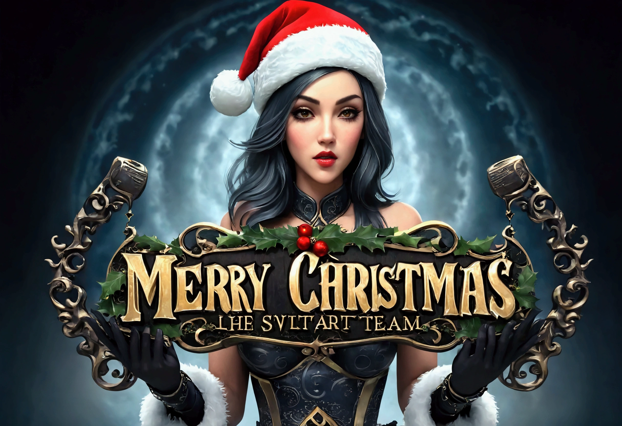 A female character with dark hair, wearing a Santa Claus hat and a gothic-inspired outfit. She holds a sign that reads 'Merry Christmas' in golden letters with a decorative border. The background is a dark, swirling pattern, possibly representing a magical or otherworldly realm. The character is positioned centrally, with the sign extending outward from her hands.