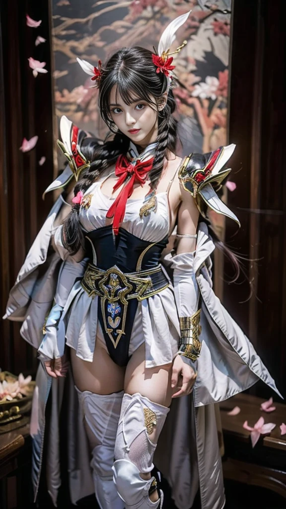 Sexy female character wearing white armor as a warrior from the Sengoku period 、((french braid hair))、((onyx black hair))、((toned body))、(glistening skin)、 toned body、((mega breasts 1.8))、 plump breasts 、 plump thighs 、 The white armor with a lily pattern engraved on it is a bikini type and is designed to emphasize chest exposure、(  wear a cloak with a lily flower pattern )、bustle skirt、 purple shin guard with lily flowers engraved on it 、White high-leg underwear 、White tights、 absolute domain、Trying to pull the sword out of the scabbard、Noble and elegant atmosphere、 The background is a battlefield with lilies in full bloom 、(( lots of lily petals scattered on the screen ))、 Super high resolution and realistic touch 、 shiny armor and fabric texture 、A dynamic pose is depicted in detail、