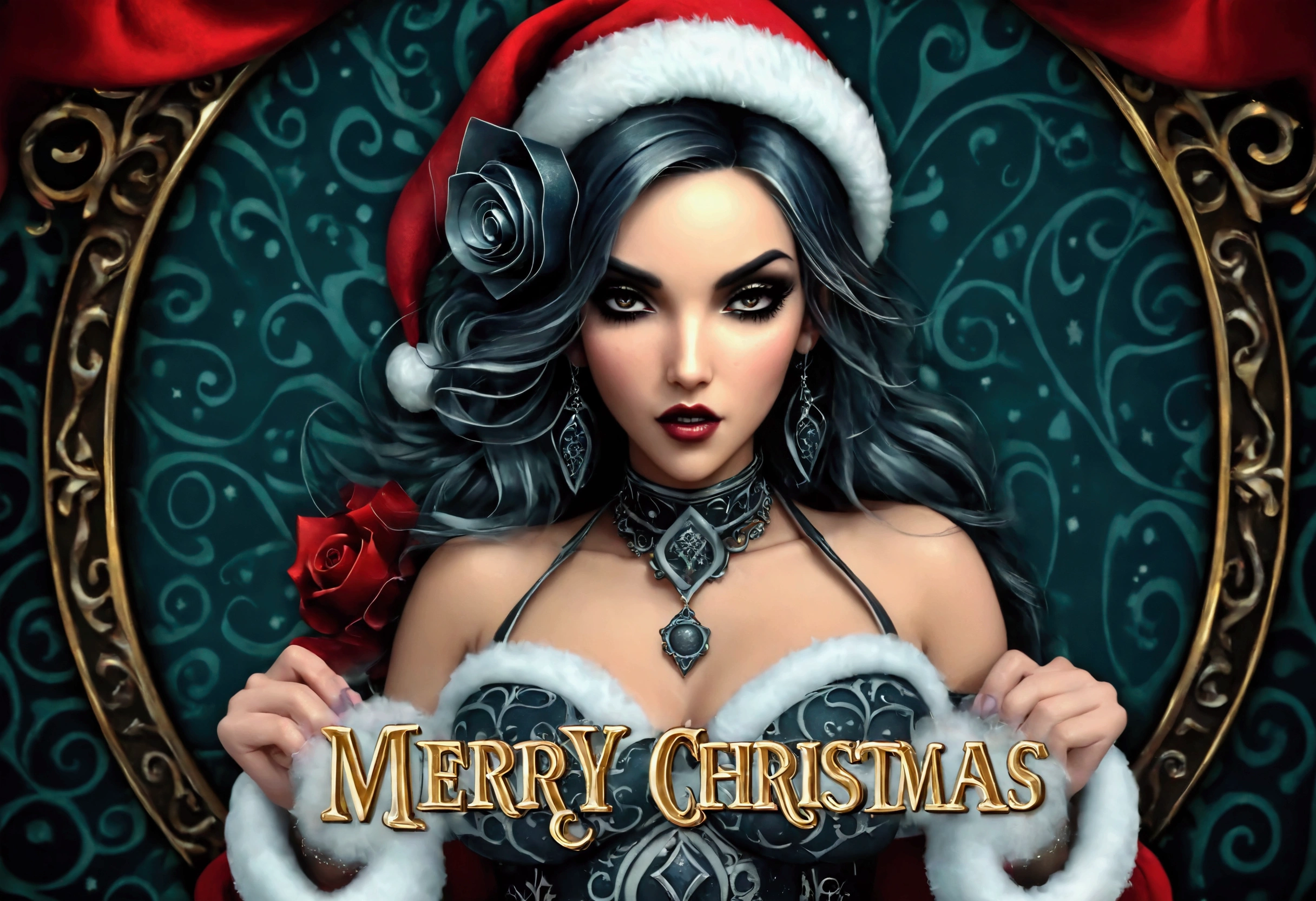A female character with dark hair, wearing a Santa Claus hat and a gothic-inspired outfit. She holds a sign that reads 'Merry Christmas' in golden letters with a decorative border. The background is a dark, swirling pattern, possibly representing a magical or otherworldly realm. The character is positioned centrally, with the sign extending outward from her hands.