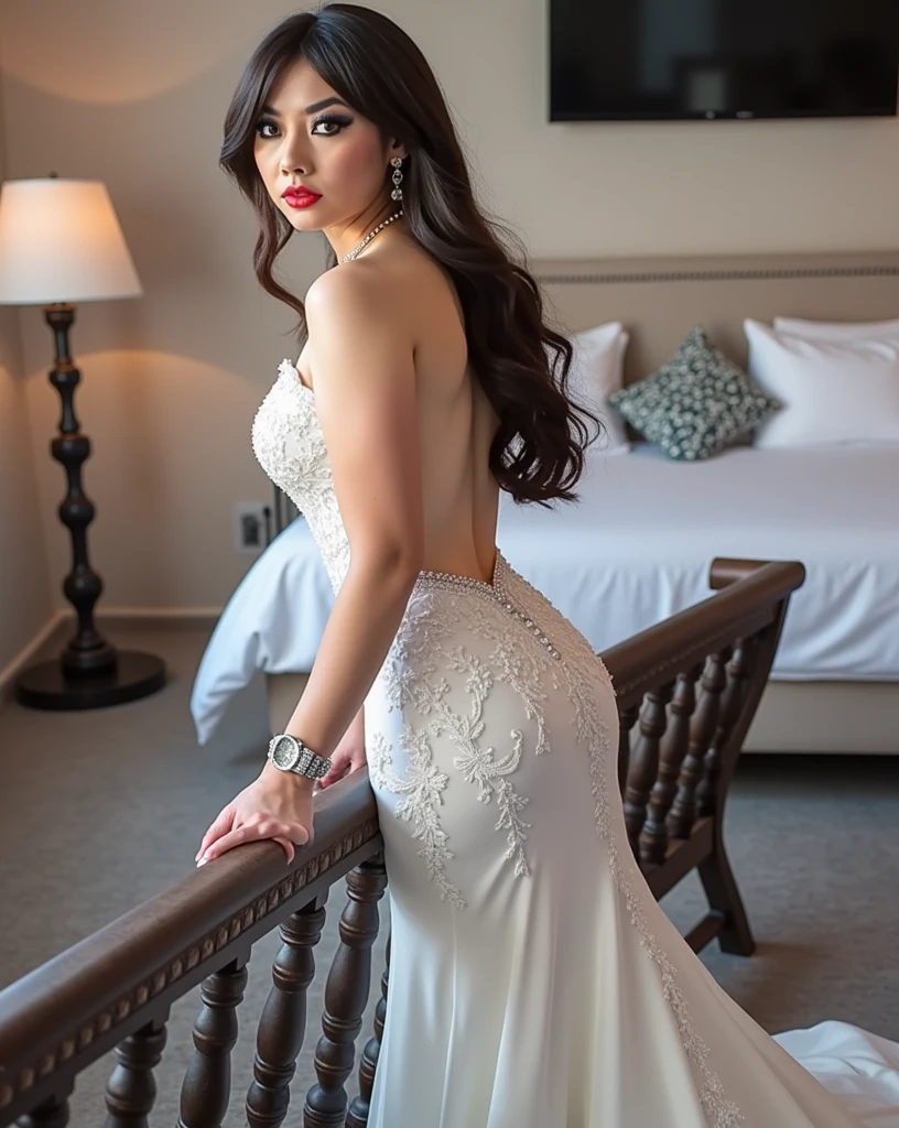 (((        Full body photograph         ,          soft lighting        ,                   sharp focus ,          detailed face of Jacqueline     ))),     of Jacqueline's extremely detailed face, cheerful and flirty face   , ((((   Beautiful woman in wedding dress    ))),   )), brown eyes,          seductive,            ((      smooth and shiny black hair         , make-up,          red lips)), (( Under the skirt)).
