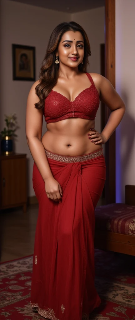 Front pose,indian milf, 35 year old,(masterpiece, best quality:1.2), 1girl, solo body photo,(( tall fleshy body)),mallu body, (showing her navel), indian traditional dress, breasts,cleavage, sexy long waist, brown hair, cleavage, large breasts, lips, lipstick, photorealistic, detailed facial features, surreal lighting, dramatic shadows, real life, realistic composition,sexy hip amd waist,no piercing, fleshy body and navel, looking at viewer, at home, taking selfie, navel piercing, ready for sex, on her foursn chubby, fleshy navel