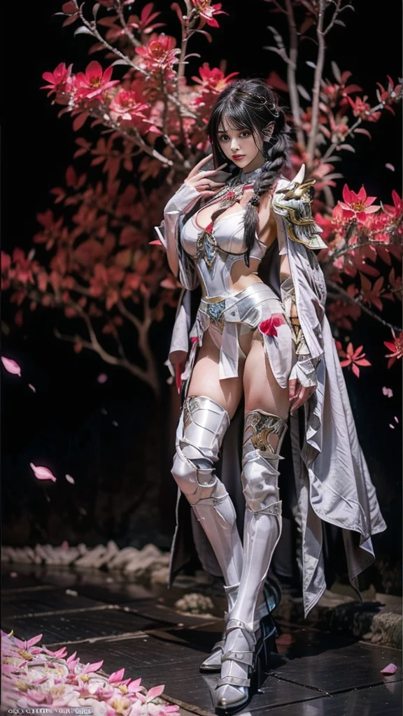 Sexy female character wearing white armor as a warrior from the Sengoku period 、((french braid hair))、((onyx black hair))、((toned body))、(glistening skin)、 toned body、((mega breasts 1.8))、 plump breasts 、 plump thighs 、 The white armor with a lily pattern engraved on it is a bikini type and is designed to emphasize chest exposure、(  wear a cloak with a lily flower pattern )、bustle skirt、 purple shin guard with lily flowers engraved on it 、White high-leg underwear 、White tights、 absolute domain、Trying to pull the sword out of the scabbard、Noble and elegant atmosphere、 The background is a battlefield with lilies in full bloom 、(( lots of lily petals scattered on the screen ))、 Super high resolution and realistic touch 、 shiny armor and fabric texture 、A dynamic pose is depicted in detail、