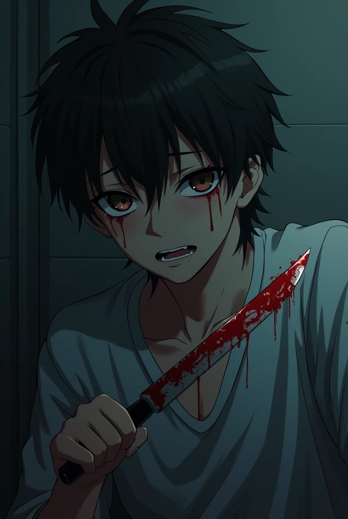 [(RED BACKGROUND:1.5),::5], ((((masterpiece)))), high quality, ultra very high resolution, full color, (((solo))), ((little boy)), black hair, ((red streaked hair)), blue eyes, anime, ((upper body)), neon light, black parka, (flame effect:1.2), (blood effect:1.6)