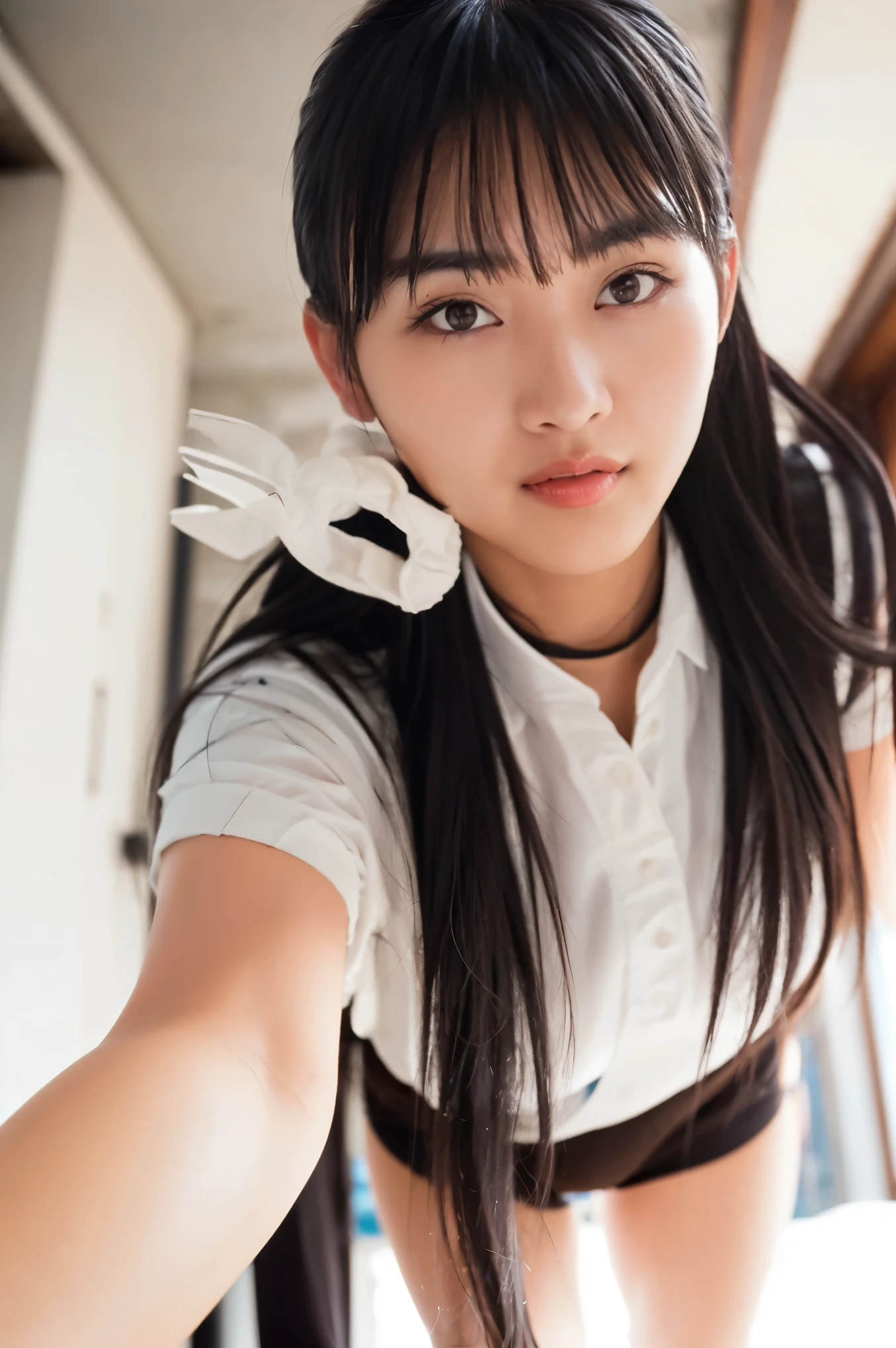 nsfw:1.2, from below:1.4,front focus:1.5,(8k RAW photo,Live Shooting, best quality, masterpiece:1.37), Extreme light and shadow, full body shot :1.5, ((Oversized Collared Y Shirt , panties that show my pubic hair in my crotch)),(( 1 girl)), Japanese Idols,(Alone), 3d,(( camera )), Perfect anatomy,break(( brown hair),( Brown Brown Medium Hair)),bangs:1.4,(( Brown Eyes )),(Grin:0.5), ( happy :0.9),Beautiful breasts, and nipples are transparent,bedroom,