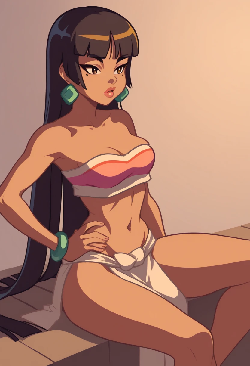 score_9, score_8_up, score_7_up, source_anime BREAK 1girl, solo,  cheldorado, 1girl, solo, long hair, breasts, bangs, black hair, navel, bare shoulders, jewelry, earrings, midriff, dark skin, blunt bangs, bracelet, dark-skinned female, lips, crop top, hand on hip, strapless, makeup, pelvic curtain, tube top, loincloth, sitting,