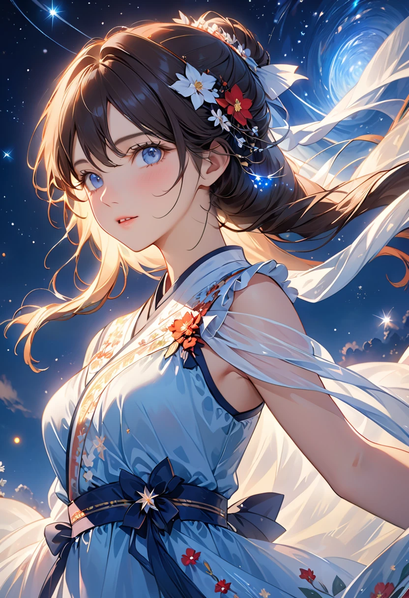  best quality,  best quality, 8k,  very detailed, Delicate, dynamic  ,  Very Delicate Expression ,  delicate eye depiction,  upper body close-up, Healthy body shape, 22-year-old woman, Aristocratic woman,  170 cm , Wrap the whole body in a translucent cloth, Colorful long dresses,  looking here,  starry sky , meteor, planet,  detailed illustrated art including backgrounds,