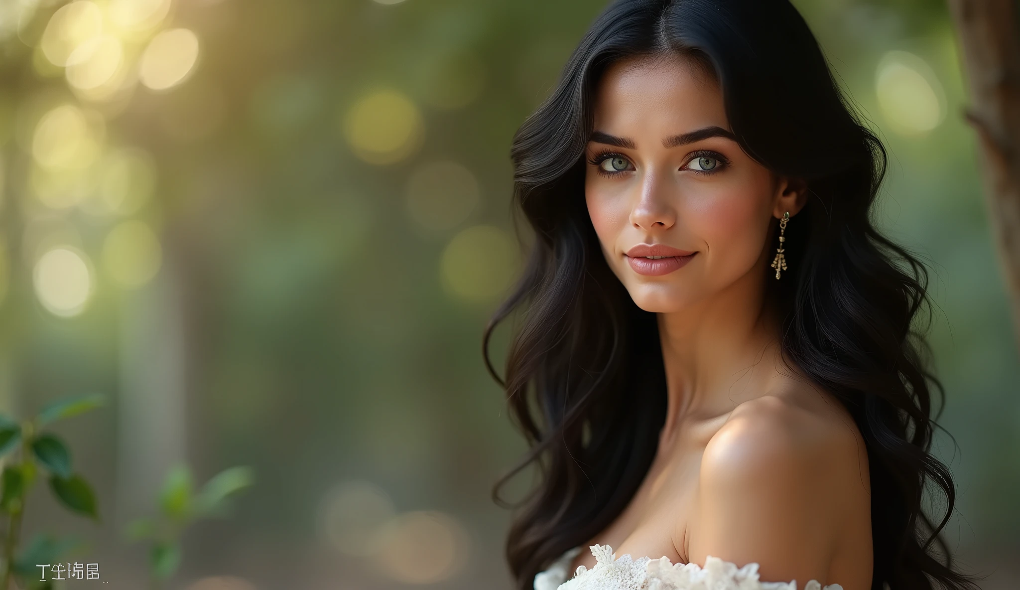 Realistic photo of the upper body of a smiling woman, Beautiful black-haired woman with long hair, She dances in front of the camera in a long A-line bridesmaid dress with straps made of shiny dark blue satin., Park,glamour fotoshooting, Wedding celebration, perfect anatomy, perfect brown eyes. Perfect hands with 5 fingers on each hand, Suitable woman , looking at the camera, 1 Frau. (Eye make up:1.1), (highly detailed skin:1.1), spirit, analog style, keen focus, 8K  UHD, dslr, good quality, Fujifilm XT3, Grain, Award-winning, ​masterpiece. Wedding celebration