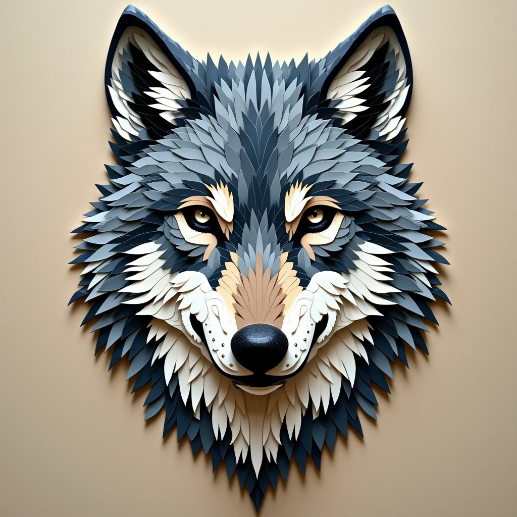 A mosaic of a wolf's head in cold colours. The mosaic is made of small, sharp, and different shaped tiles. The wolf's eyes are made of black tiles. The background is a beige colour.